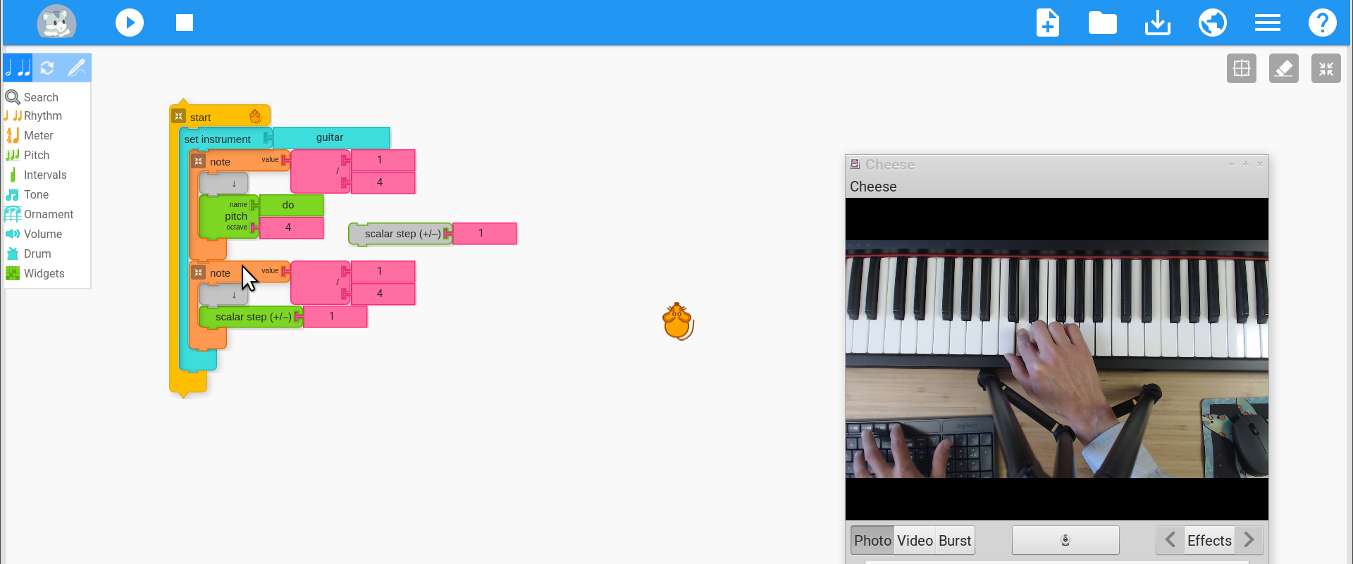 Screenshot from a music+code class. Scales being shown with Music Blocks and a keyboard.