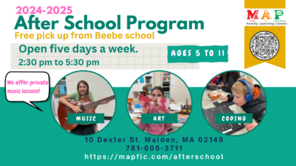 Flier for afterschool: Open five days a week; pickup from Beebe School available.