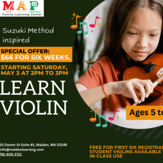 A flyer that says "Learn violin" with an image of a child playing violin.