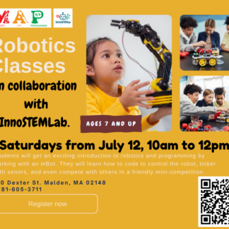 A flier that says Robotics classes in collaboration with InnoSTEMLab.