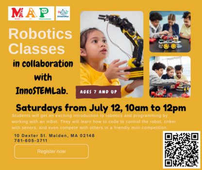 A flier that says Robotics classes in collaboration with InnoSTEMLab.