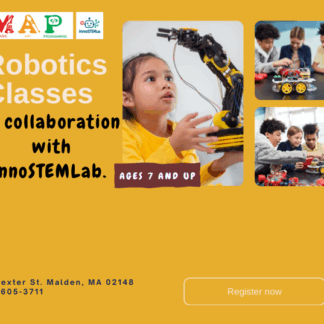 A flier that says: "Robotics classes" in collaboration with InnoSTEMLab. Ages 7 and up.