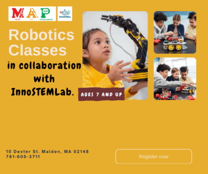 A flier that says: "Robotics classes" in collaboration with InnoSTEMLab. Ages 7 and up.