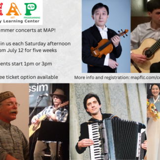 Image with MAP logo and headshots of performers, all MAP teachers: Lei Zhang, Devin Ulibarri, Warren Senders, Morgan Liu-Packard, and Mina Son