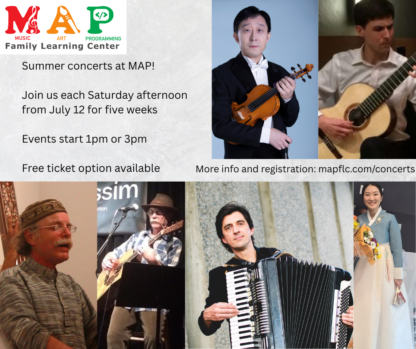 Image with MAP logo and headshots of performers, all MAP teachers: Lei Zhang, Devin Ulibarri, Warren Senders, Morgan Liu-Packard, and Mina Son